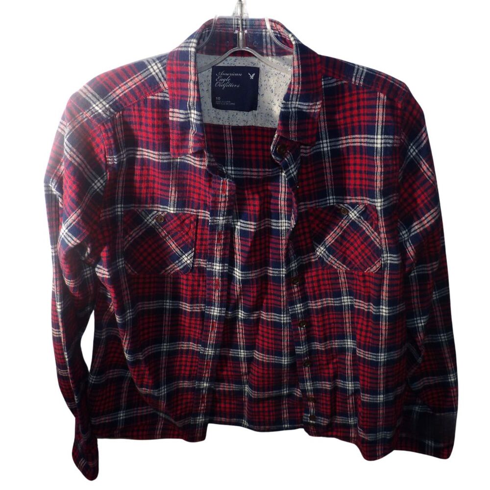 AMERICAN EAGLE GIRLS SHIRT MULTI COLOR POCKET FLANNEL‎ COTTON LONG SLEEVE 10 MED